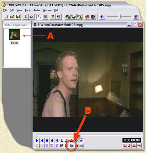 Womble MPEG2VCR: kopieren van een filmfragment naar het video clipboard