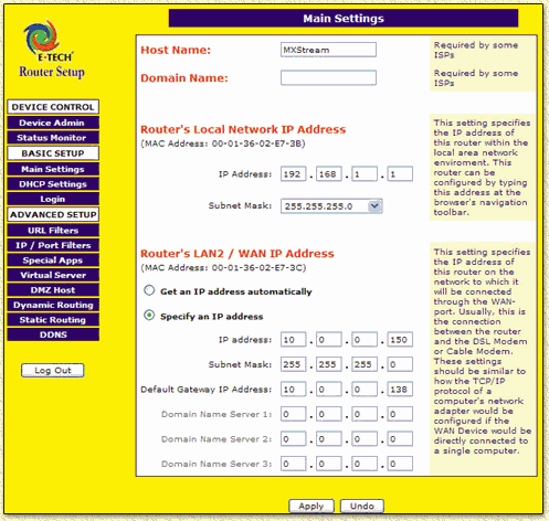 eTech Router - Main settings