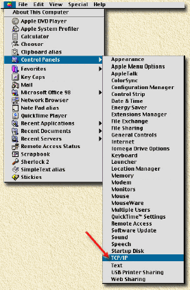 Macintosh - Kies direct uit het menu de optie TCP/IP