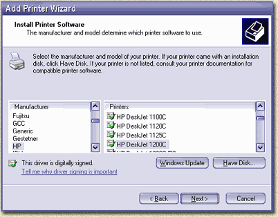 Printer driver kiezen of van disk/CD halen (klik dan op "Have Disk ...") 