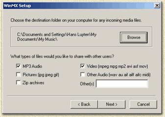 WinMX: welke bestanden wil je beschikbaar stellen voor anderen ? MP3 ? DivX ?