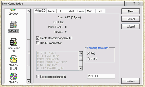 Nero: VideoCD settings in the New Compilation window