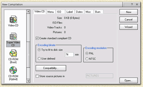 Nero: Super VideoCD settings in the New Compilation window