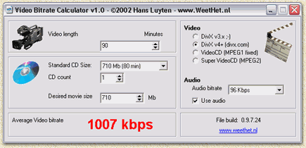 de WeetHet bitrate calculator