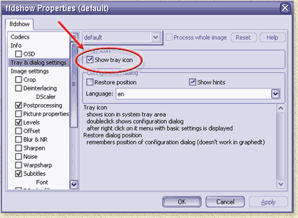 FFDShow - Enable the systray allowing easy settings access during playback