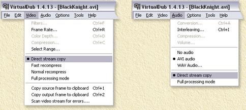 VirtualdDub - We gaan alleen maar knippen, gebruik dus 'Direct Stream Copy'