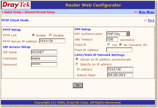 Vigor 2200E - PPTP dialup settings for MXStream