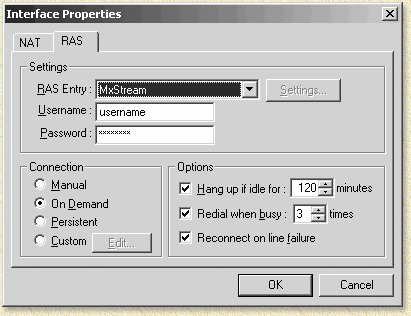 Settings of the RAS connection used for ADSL