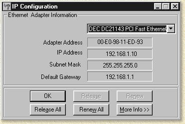 WINIPCFG displays the client's IP settings